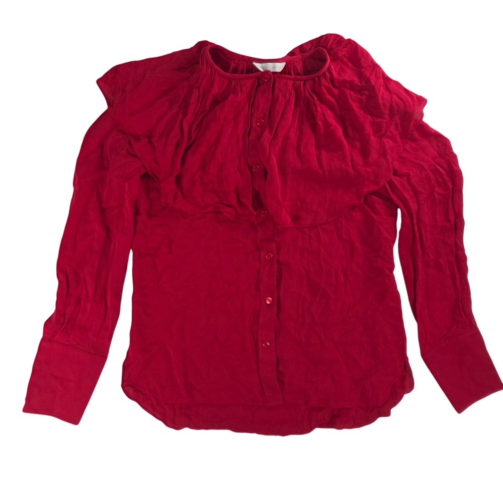 Rebecca Taylor Women Georgette Size S Red Silk Blouse Ruffle Collar Button Down